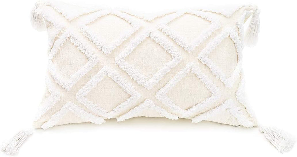 12x20 Boho White Tassel Lumbar Pillow Cover Tufted Chenille Cushion Case 1PC Cover Only