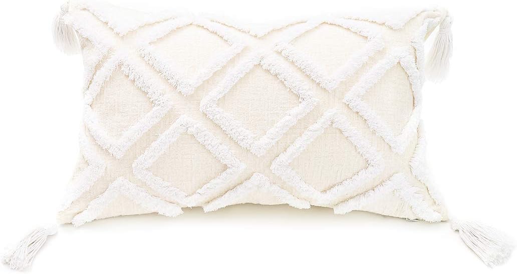 12x20 Boho White Tassel Lumbar Pillow Cover Tufted Chenille Cushion Case 1PC Cover Only