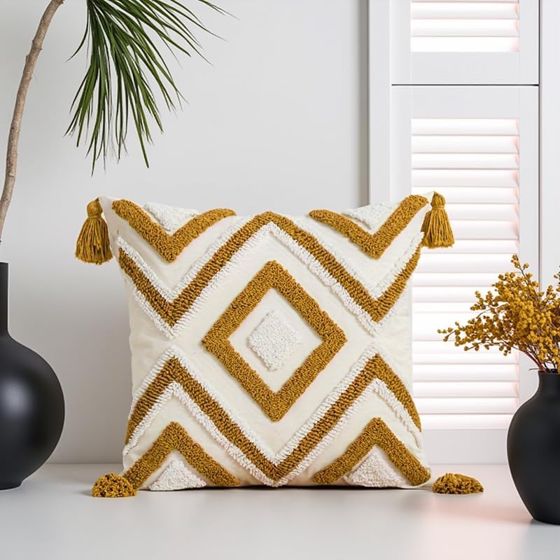 2Pcs 18x18 Yellow Tassel Tufted Embroidered Boho Throw Pillow Covers