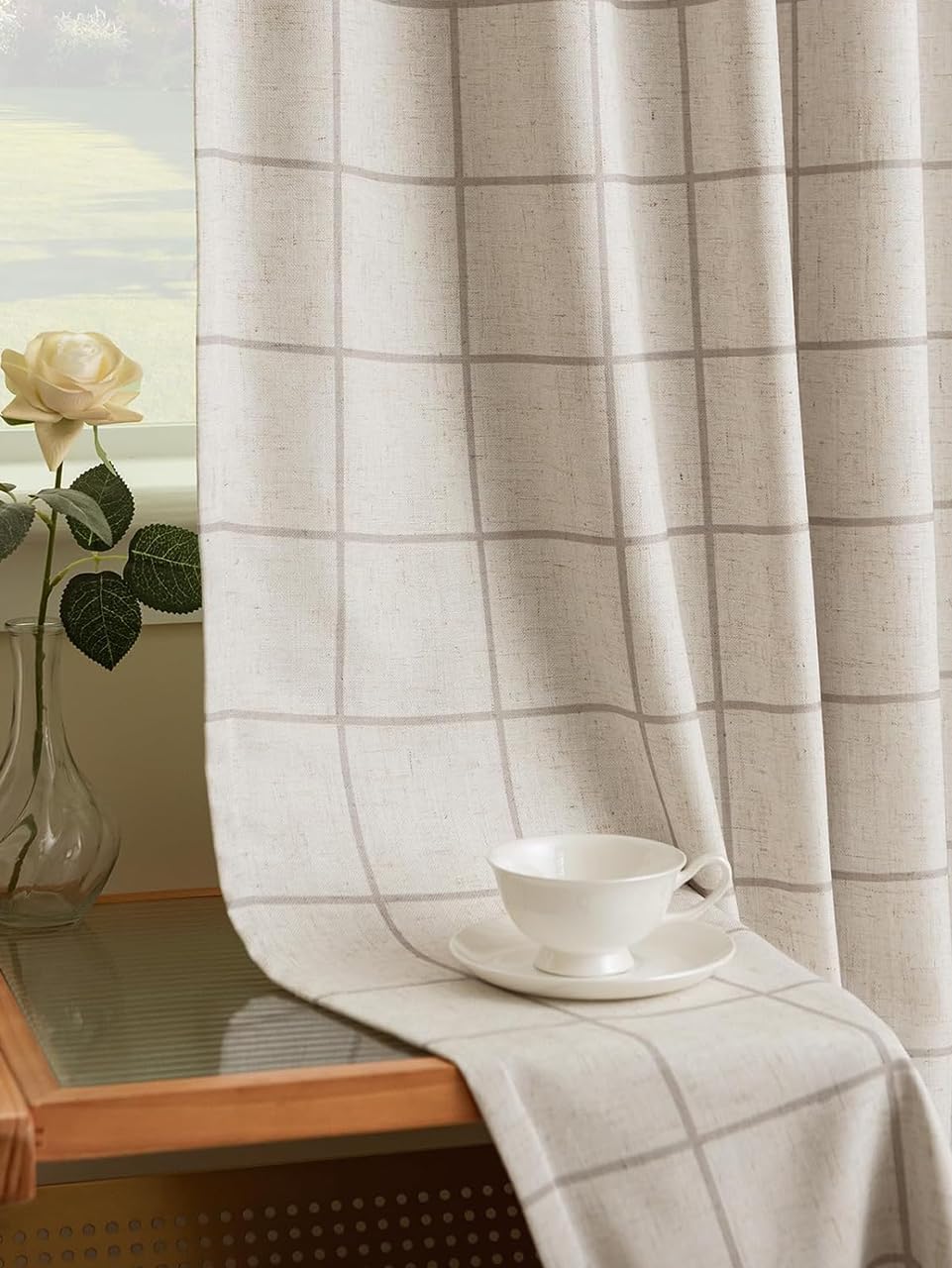 2 Panels 90 Inch Brown Plaid Pinch Pleated Linen Thermal Blackout Curtains