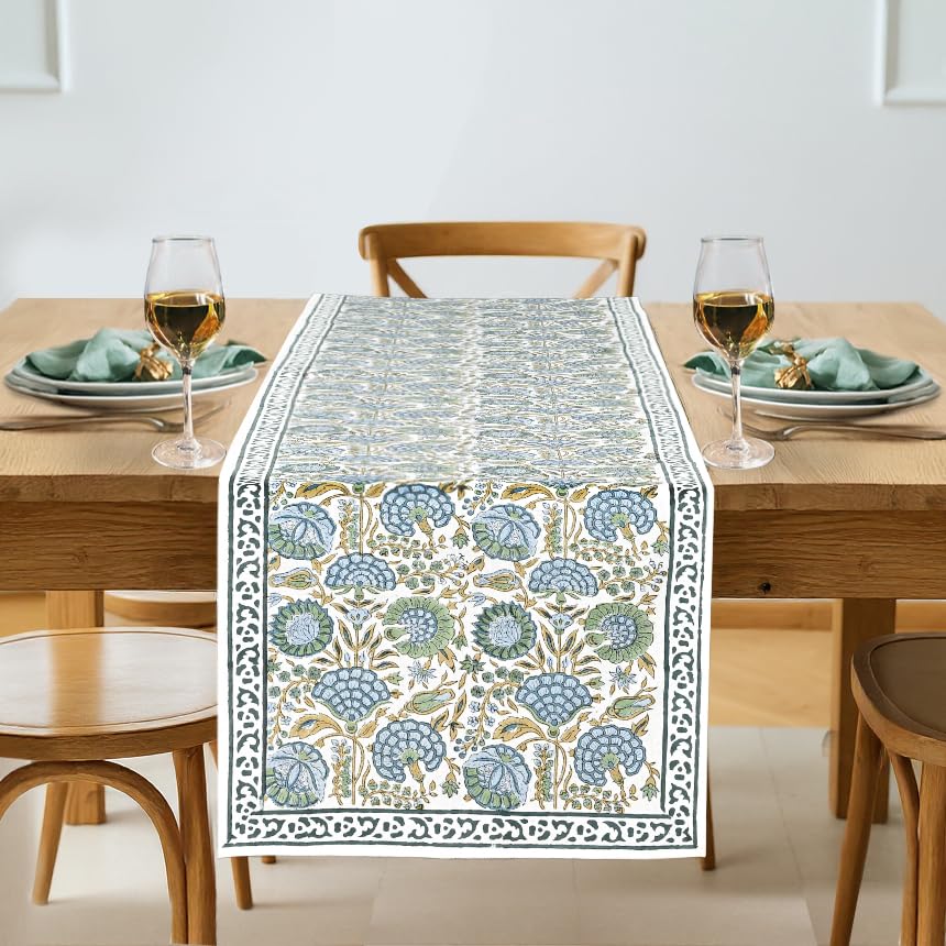 16x90 Asparagus Green Cotton Hand Block Print Table Runner