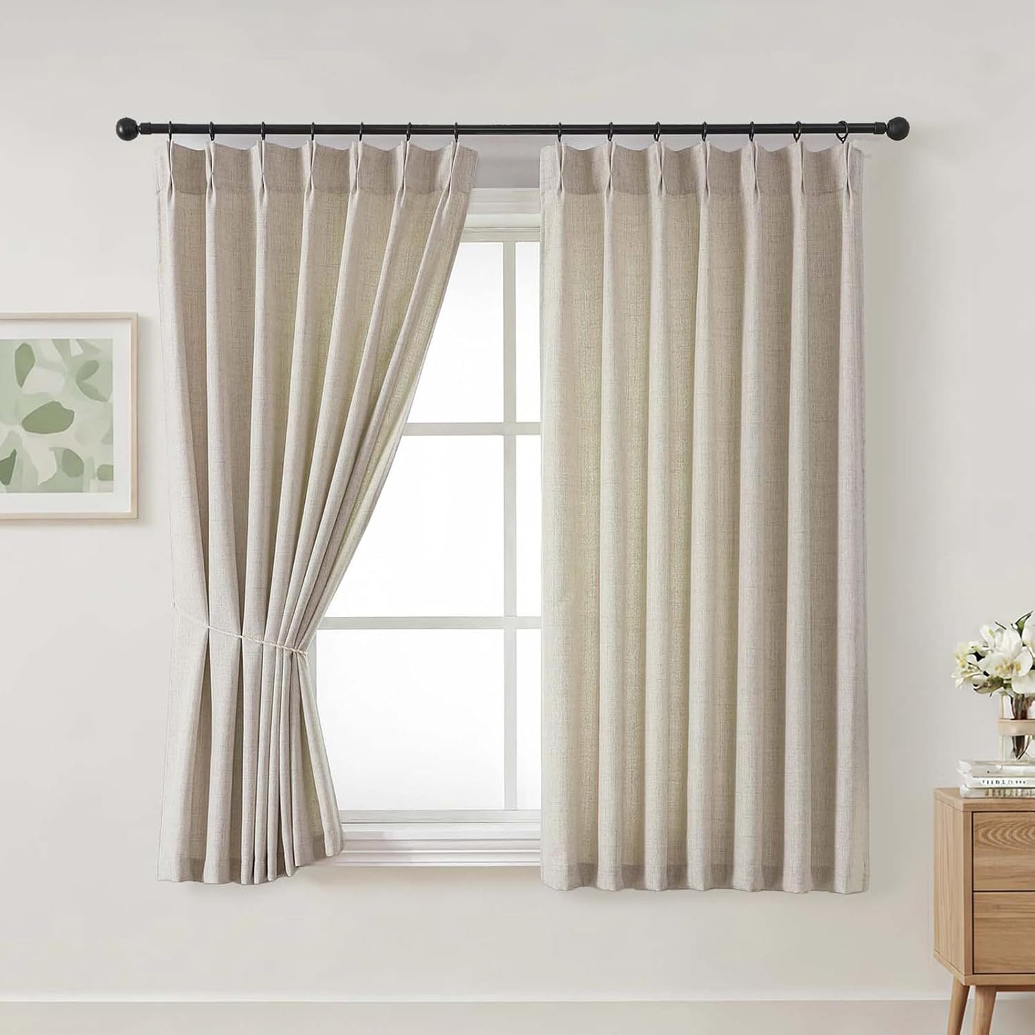 2 Panels 40x63 Inch Linen Color Pinch Pleated Faux Linen Light Filtering Farmhouse Curtains