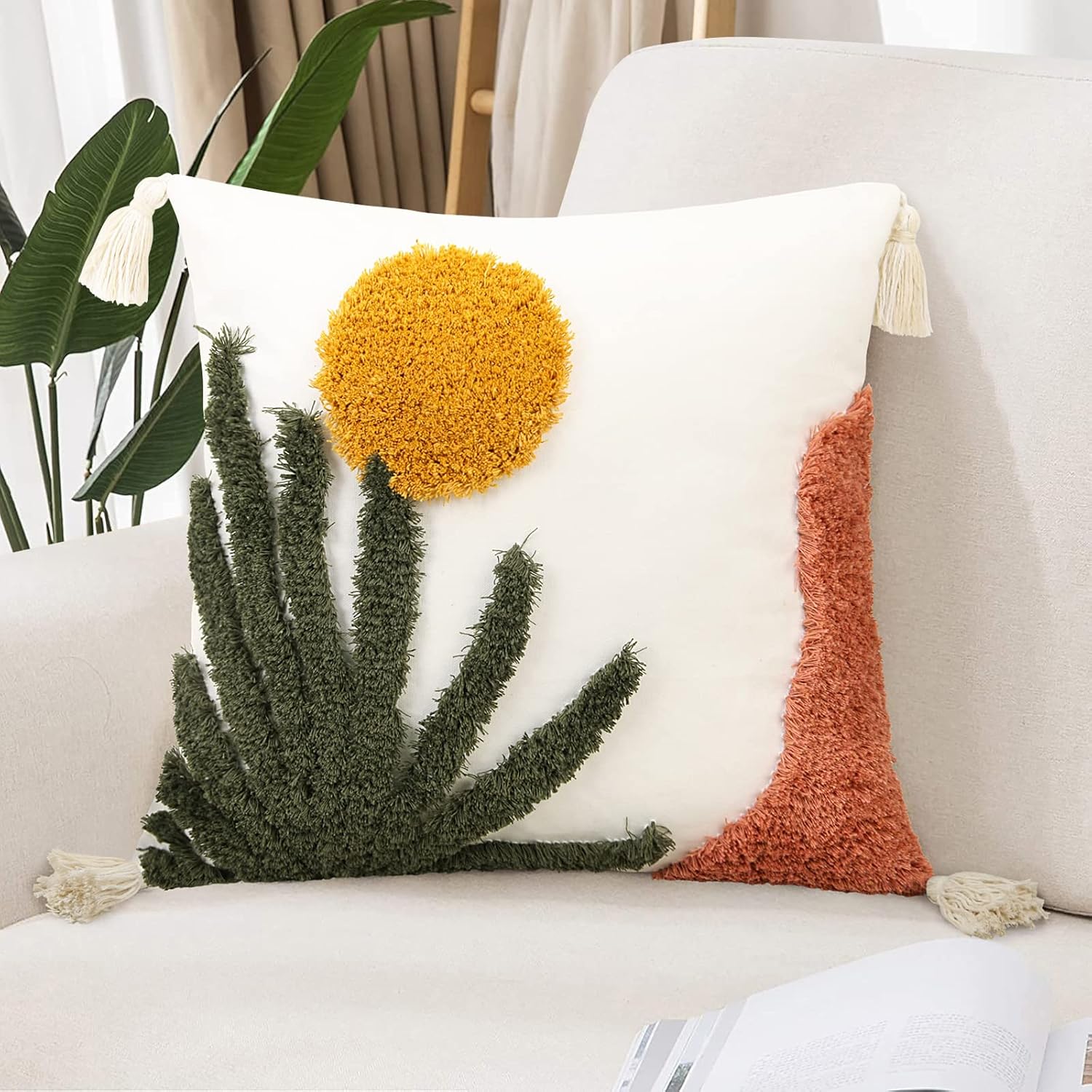 Merrycolor 1Pc 18x18 Tufted Tassel Plant Leaf Boho Throw Pillow Cover