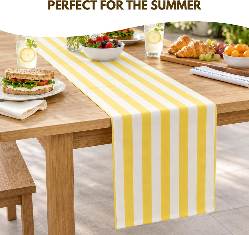 Folkulture 72 Inch Yellow White Striped Cotton Farmhouse Table Runner