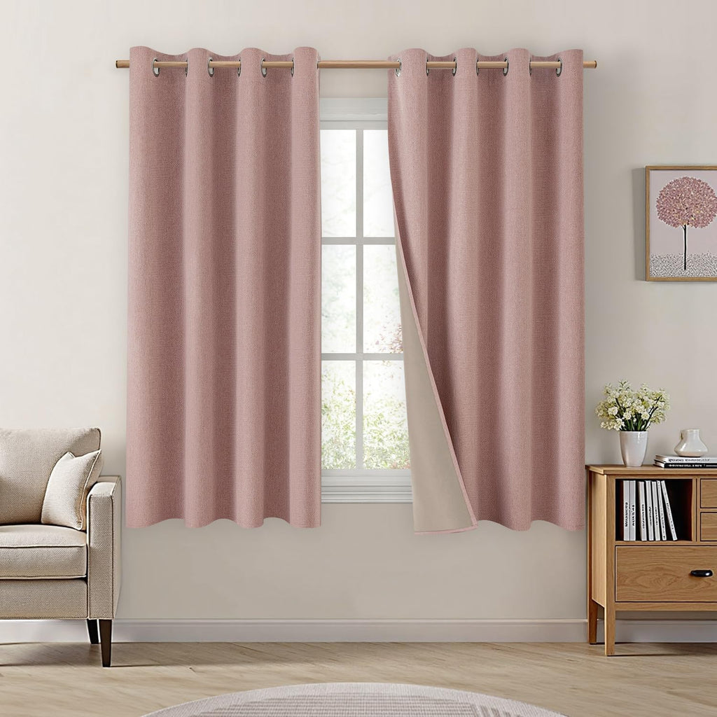 63 Inch Blush Pink Faux Linen 100% Blackout Grommet Curtains 2 Panels