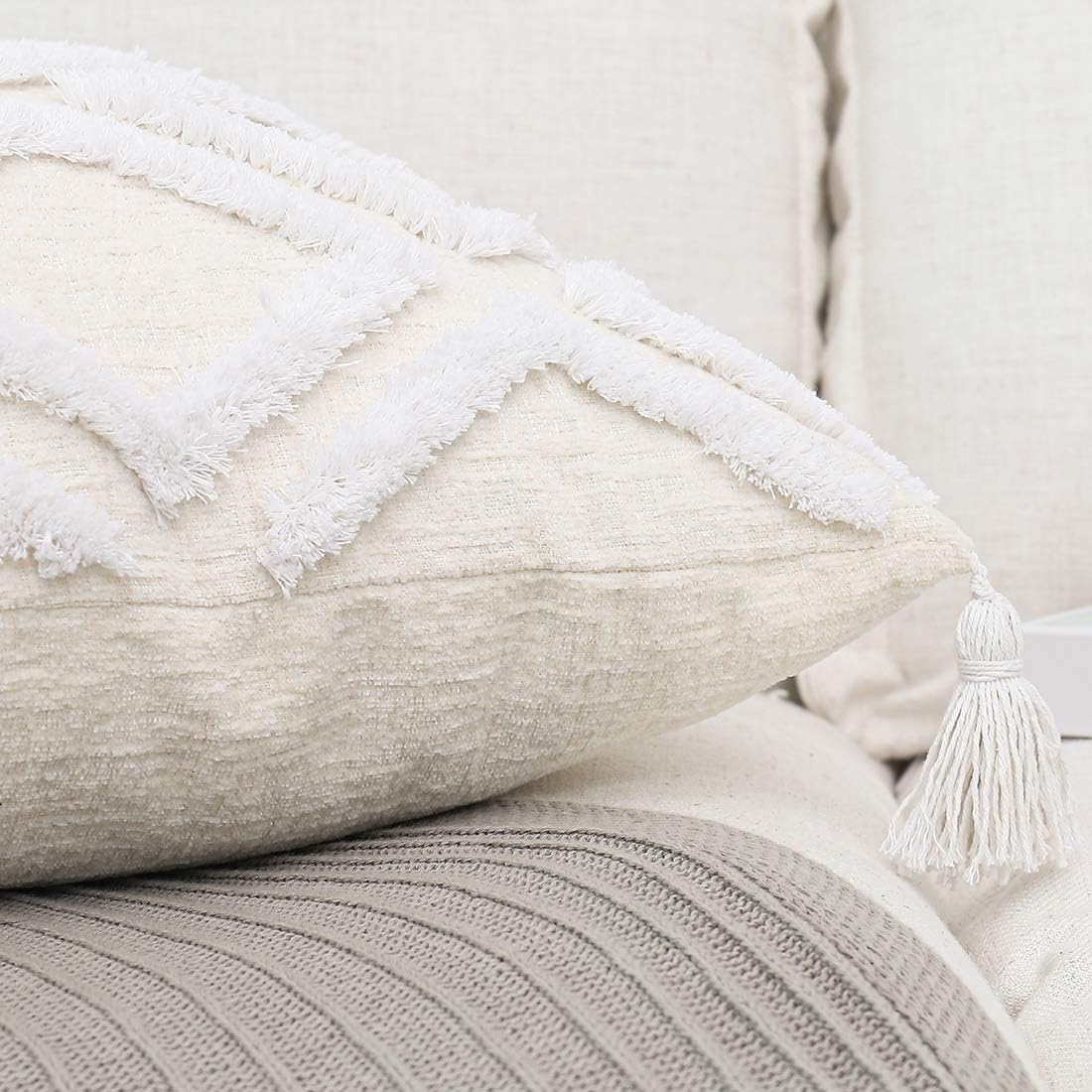 12x20 Boho White Tassel Lumbar Pillow Cover Tufted Chenille Cushion Case 1PC Cover Only