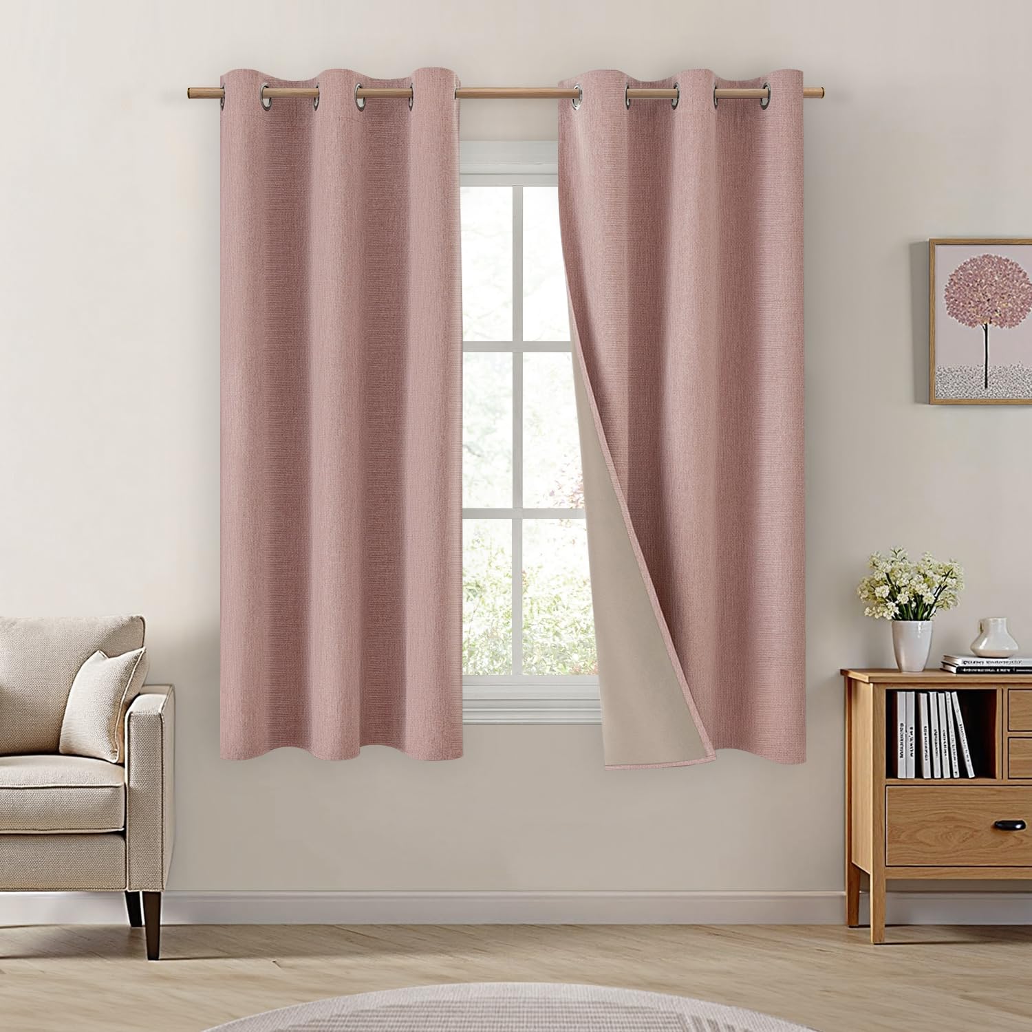 63 Inch Blush Pink Faux Linen 100% Blackout Grommet Curtains 2 Panels