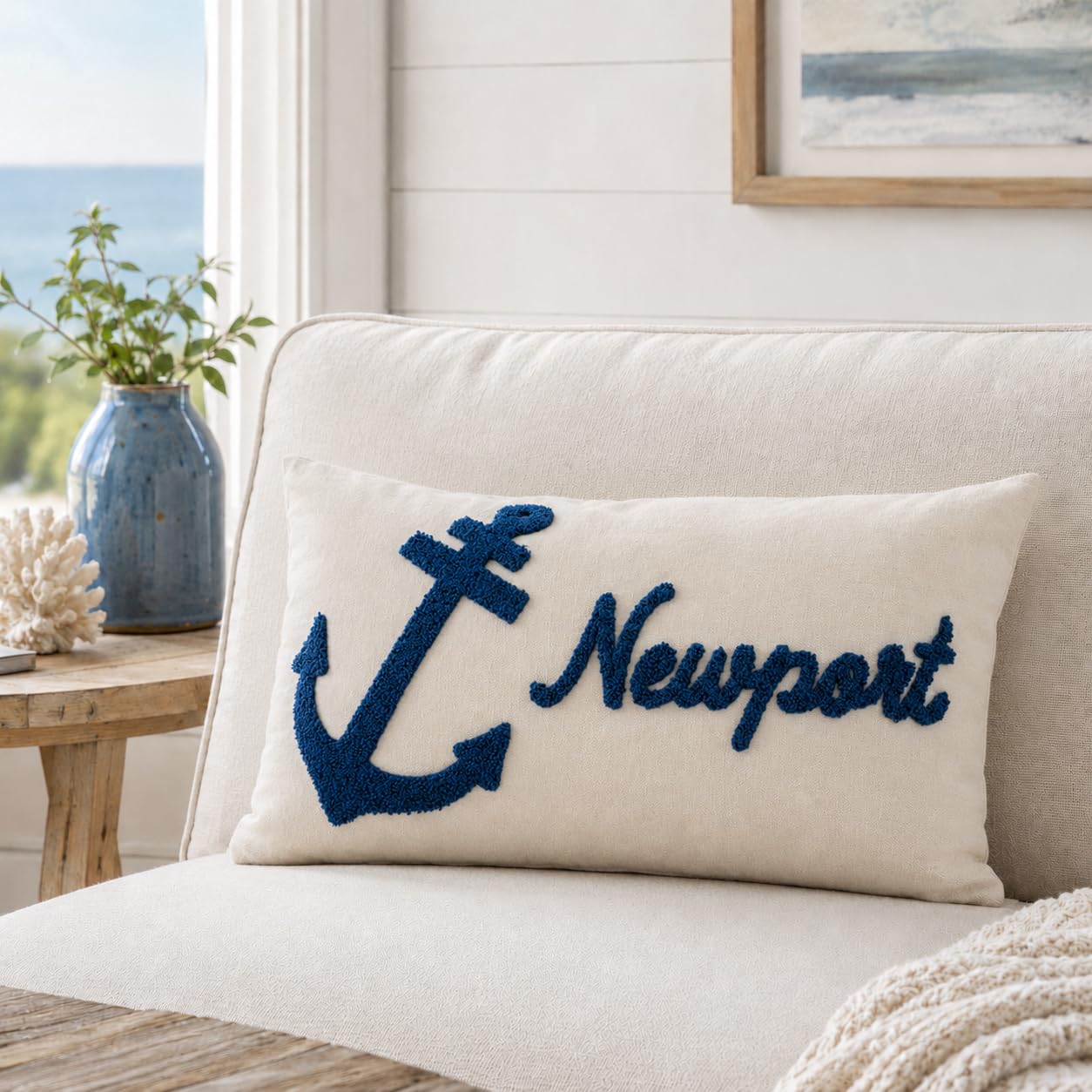 12x20 Inch Navy Blue Stay Salty Tufted Embroidery Coastal Lumbar Pillow Cover 1PC Cover Only