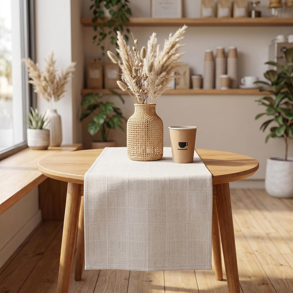 36 Inch Beige Checked Cotton Linen Farmhouse Table Runner