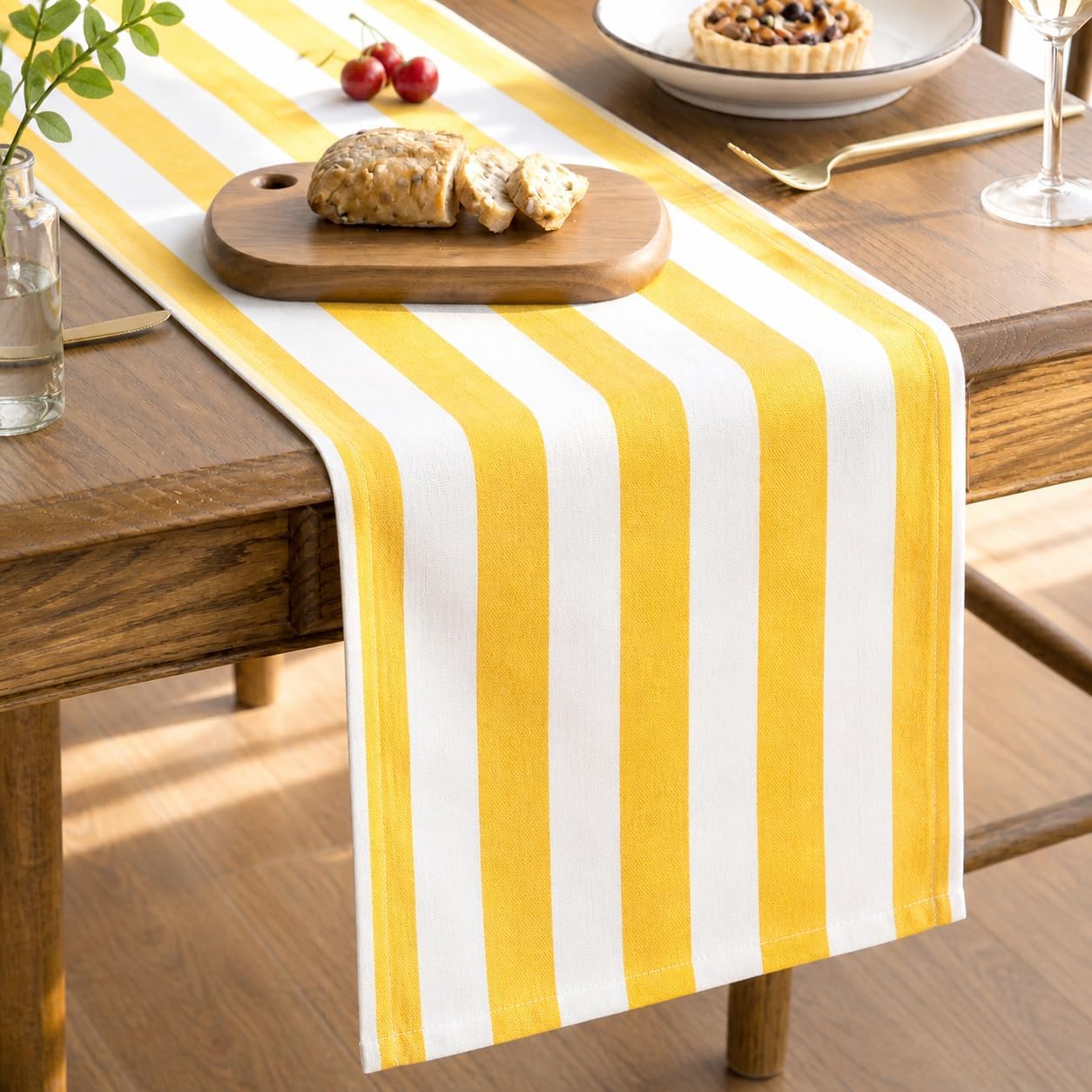 Folkulture 72 Inch Yellow White Striped Cotton Farmhouse Table Runner