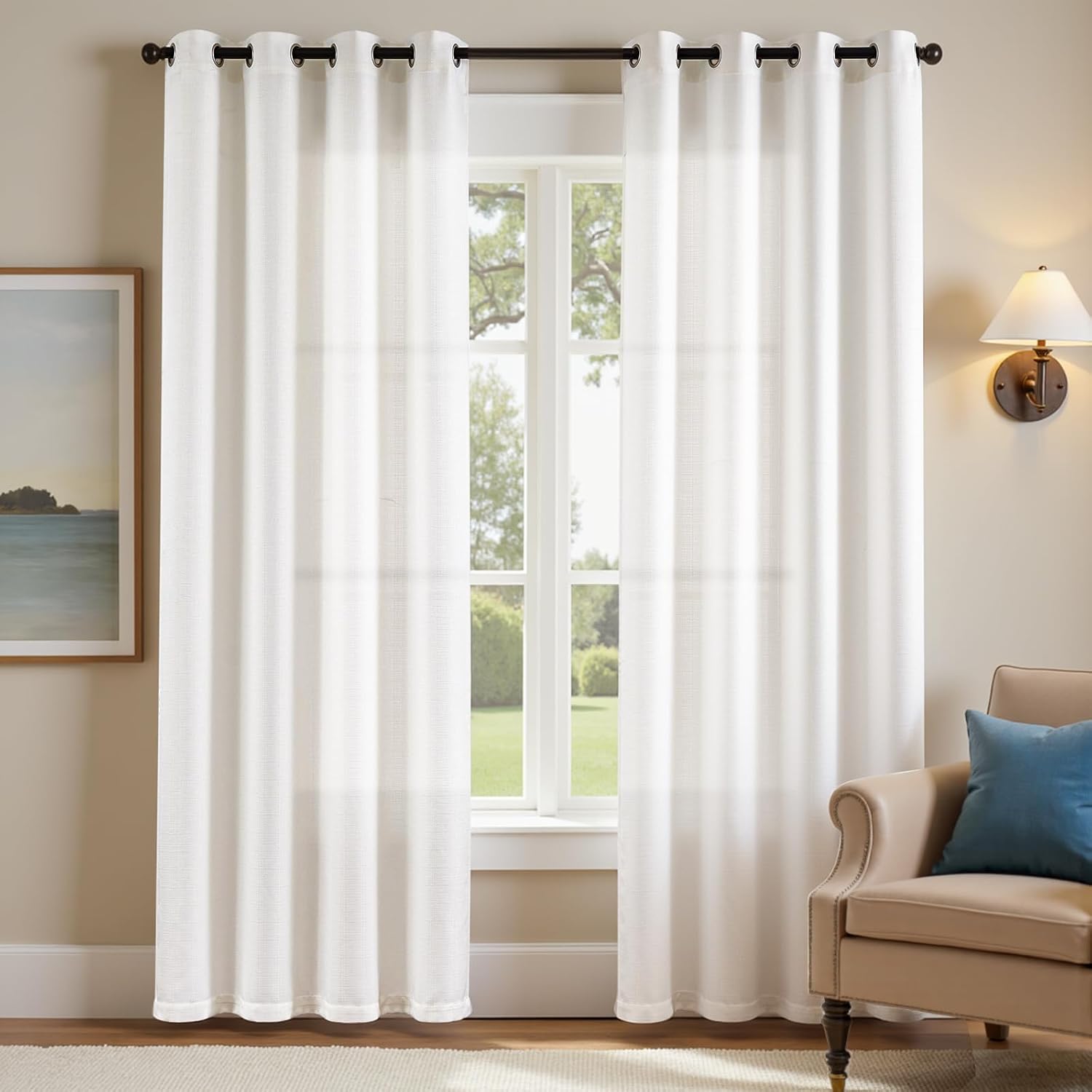 2 Panels 84 Inch White Linen Textured Grommet Light Filtering Curtains