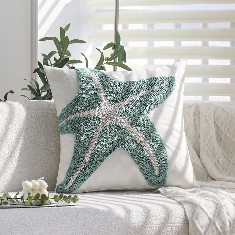 2Pcs 18x18 Tufted Starfish Coastal Beach Canvas Throw Pillow Covers