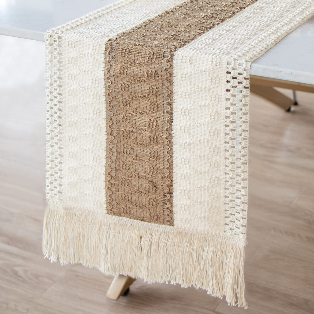 OurWarm 12x72 Inch Macrame Burlap Woven Boho Farmhouse Table Runner