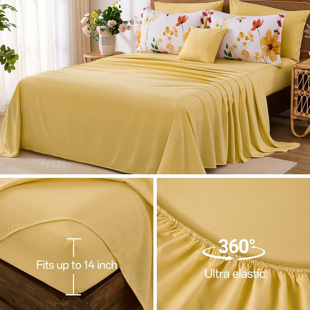 Annibedding 8 Pieces Queen Yellow Floral Microfiber All Season Bed in a Bag Comforter Set