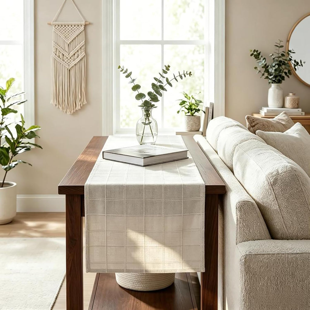 36 Inch Beige Checked Cotton Linen Farmhouse Table Runner