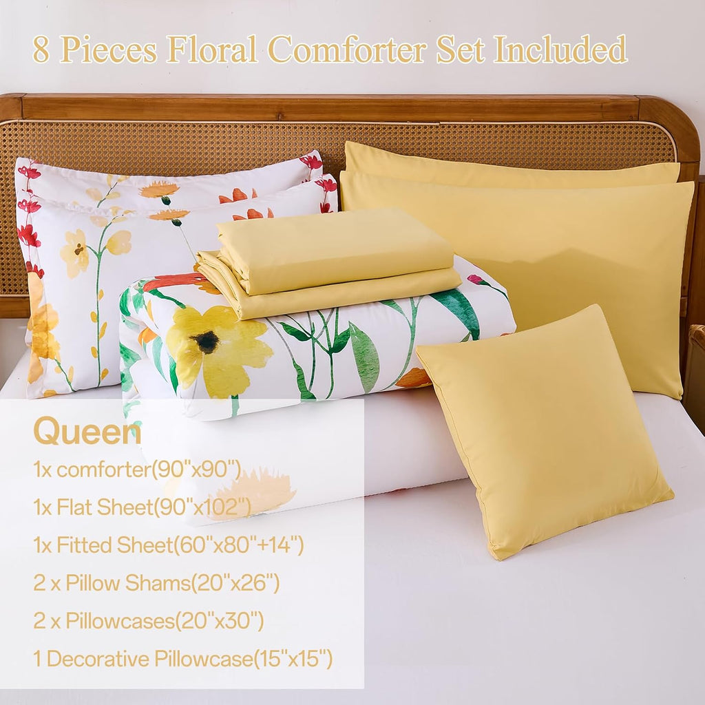 Annibedding 8 Pieces Queen Yellow Floral Microfiber All Season Bed in a Bag Comforter Set
