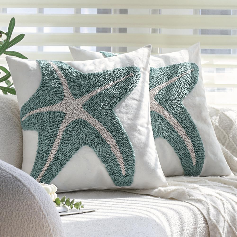 2Pcs 18x18 Tufted Starfish Coastal Beach Canvas Throw Pillow Covers