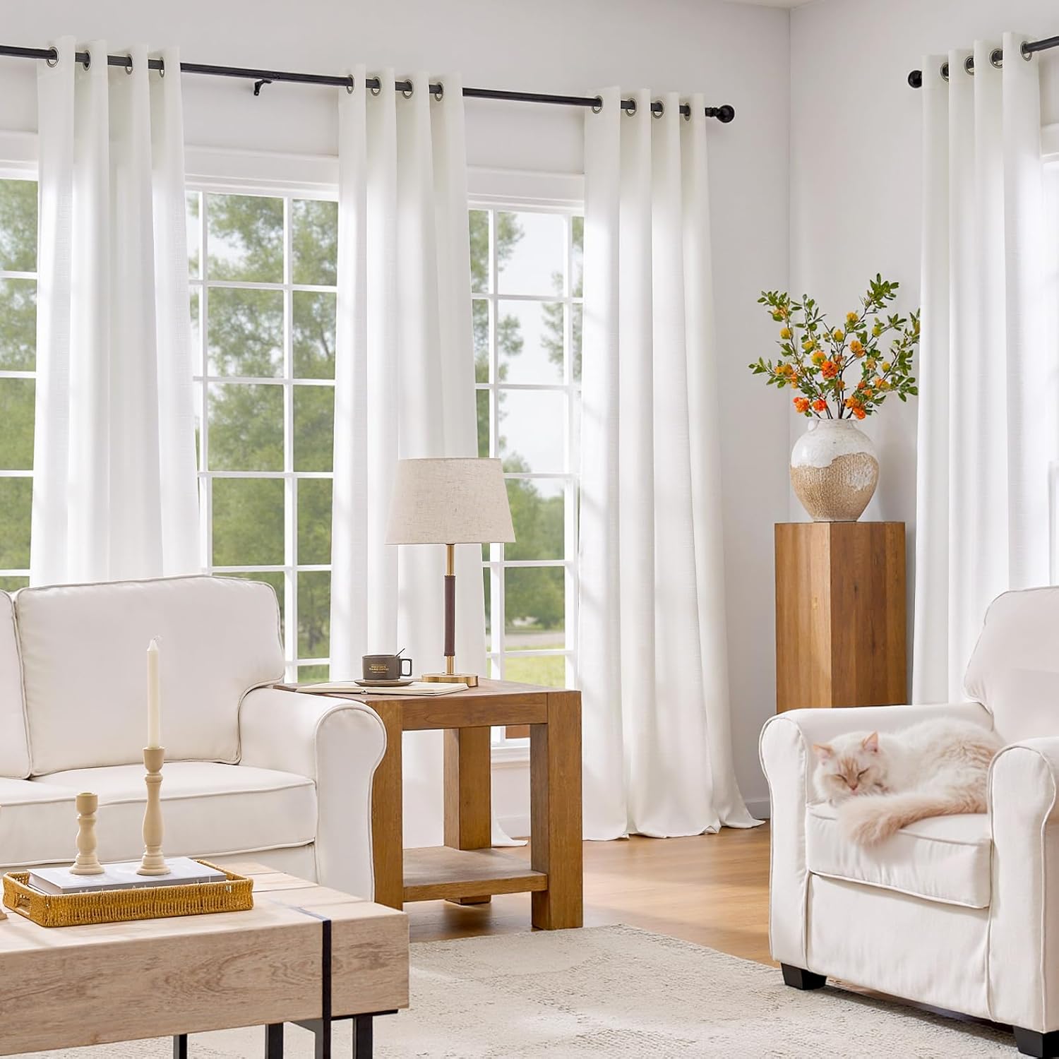 2 Panels 84 Inch White Linen Textured Grommet Light Filtering Curtains