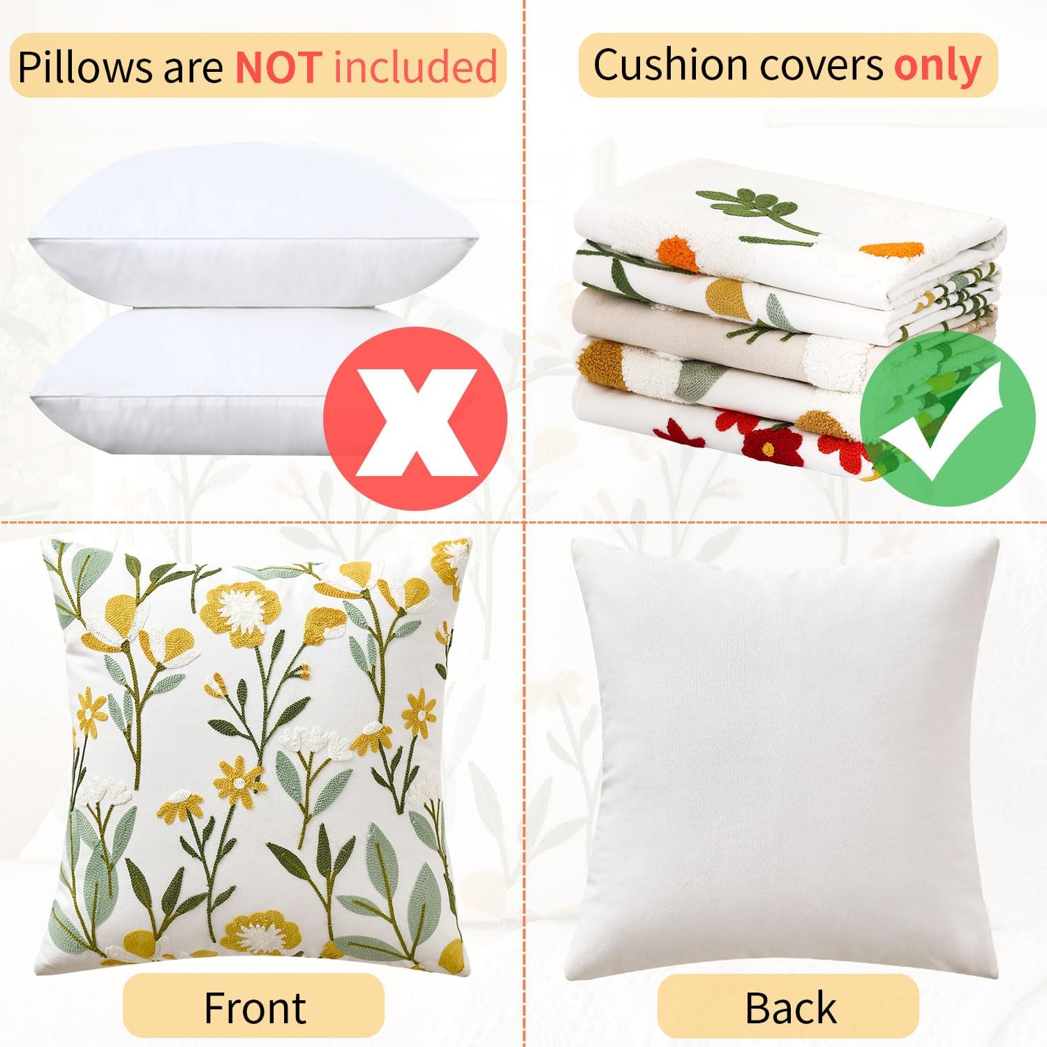 2Pcs 18x18 Green Floral Embroidered Tufted Farmhouse Throw Pillow Covers