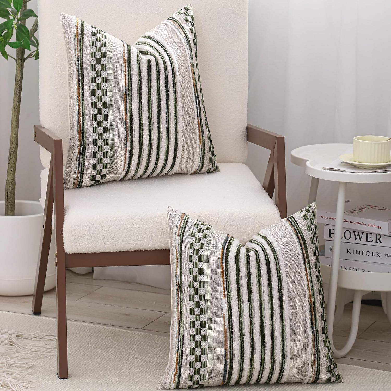 2Pcs 18x18 Dark Green Tufted Chenille Striped Boho Farmhouse Pillow Covers
