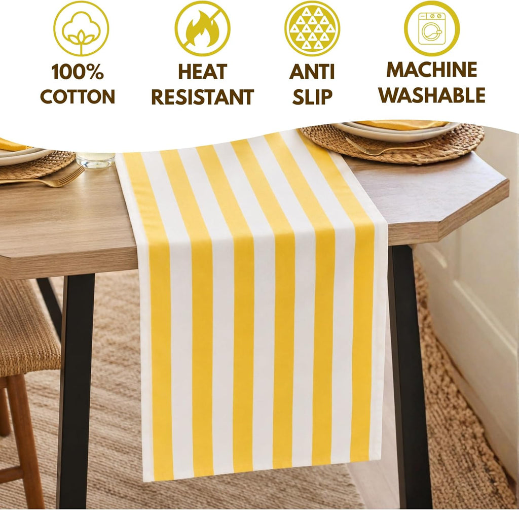 Folkulture 72 Inch Yellow White Striped Cotton Farmhouse Table Runner