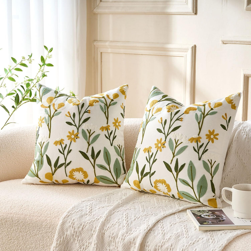 2Pcs 18x18 Green Floral Embroidered Tufted Farmhouse Throw Pillow Covers