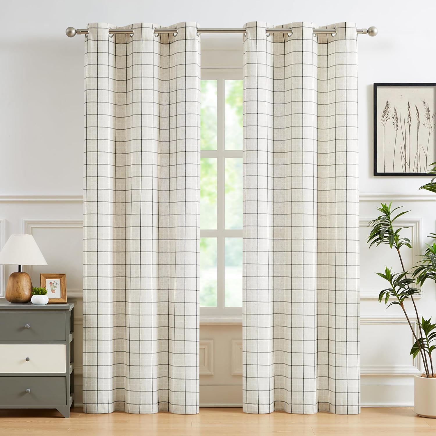 2 Panels 40x84 Inch Black White Buffalo Plaid Linen Grommet Light Filtering Farmhouse Curtains