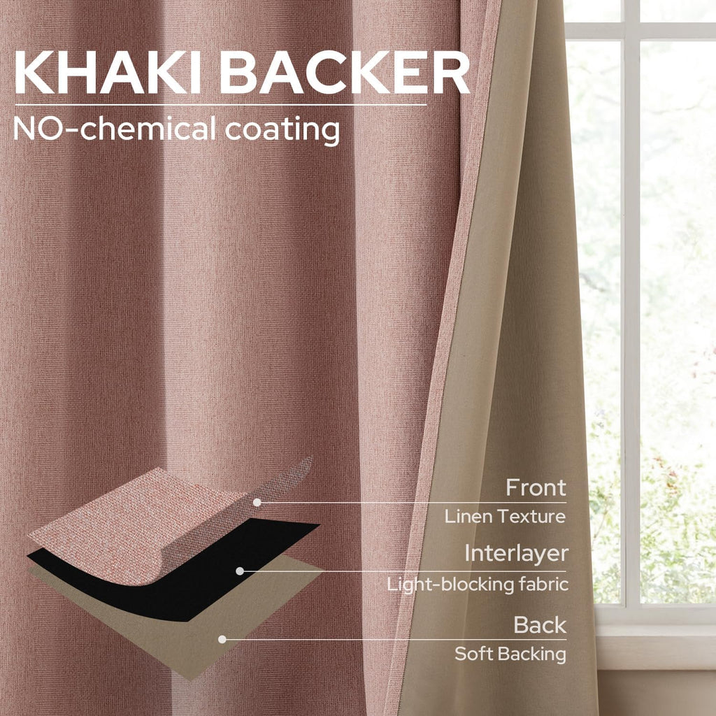 63 Inch Blush Pink Faux Linen 100% Blackout Grommet Curtains 2 Panels