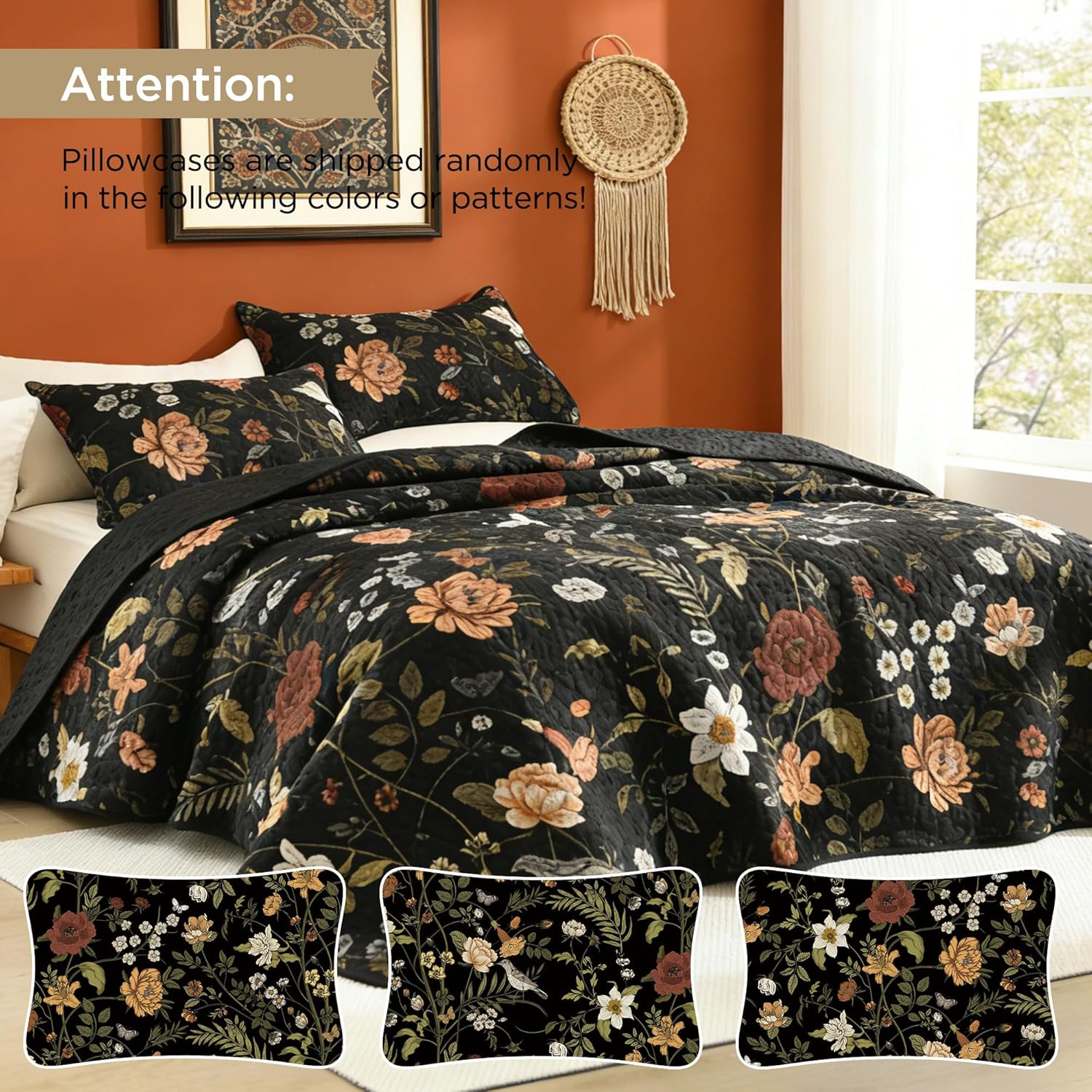 3-Piece King Black Botanical Bird Pattern Lightweight Quilt Coverlet Set