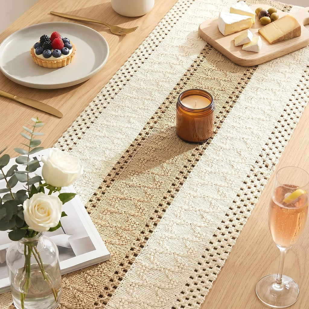 OurWarm 12x72 Inch Macrame Burlap Woven Boho Farmhouse Table Runner