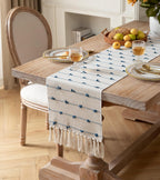 Caflife 90 Inch Blue Beige Tassel Woven Cotton Boho Farmhouse Table Runner
