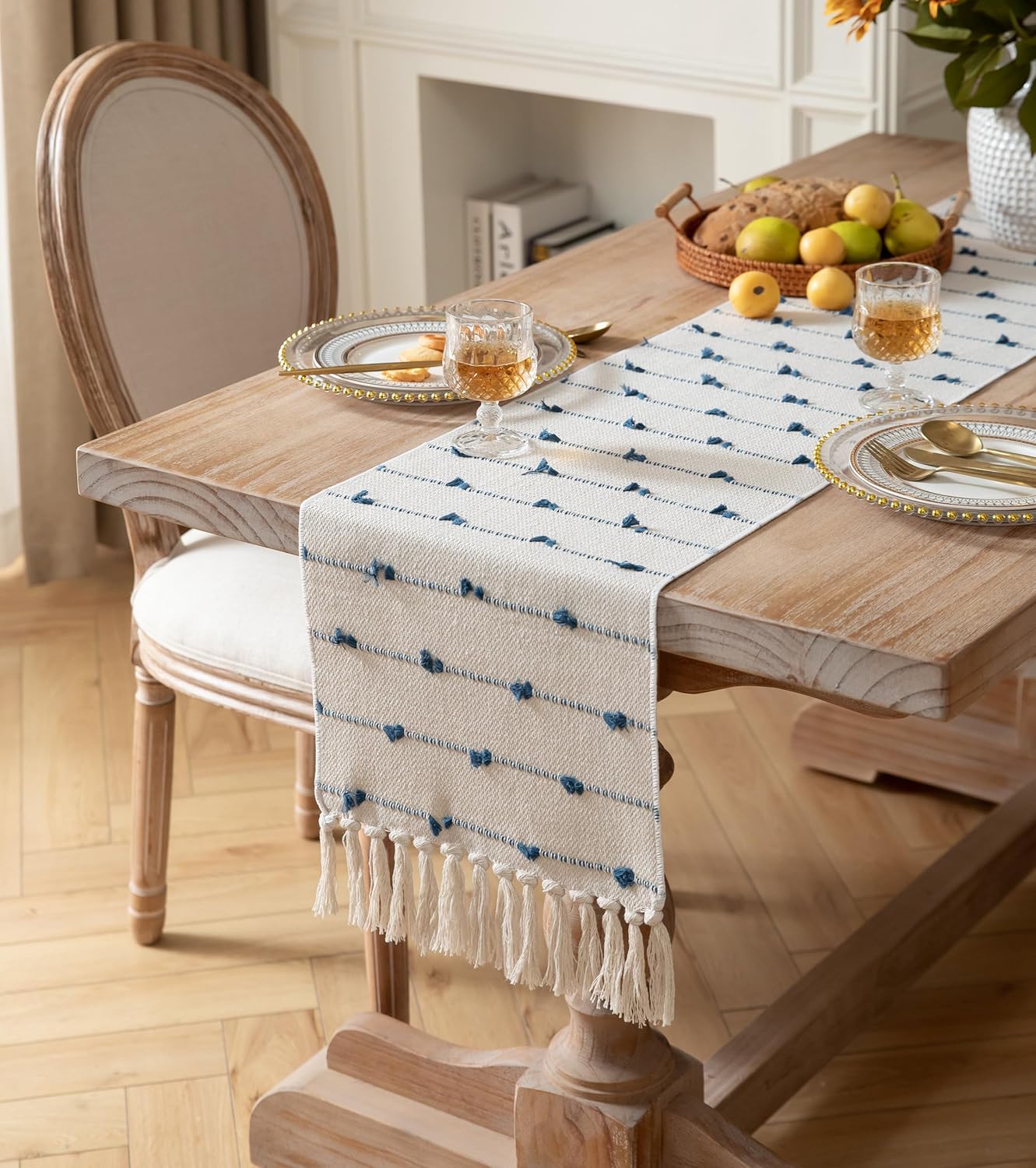 Caflife 90 Inch Blue Beige Tassel Woven Cotton Boho Farmhouse Table Runner