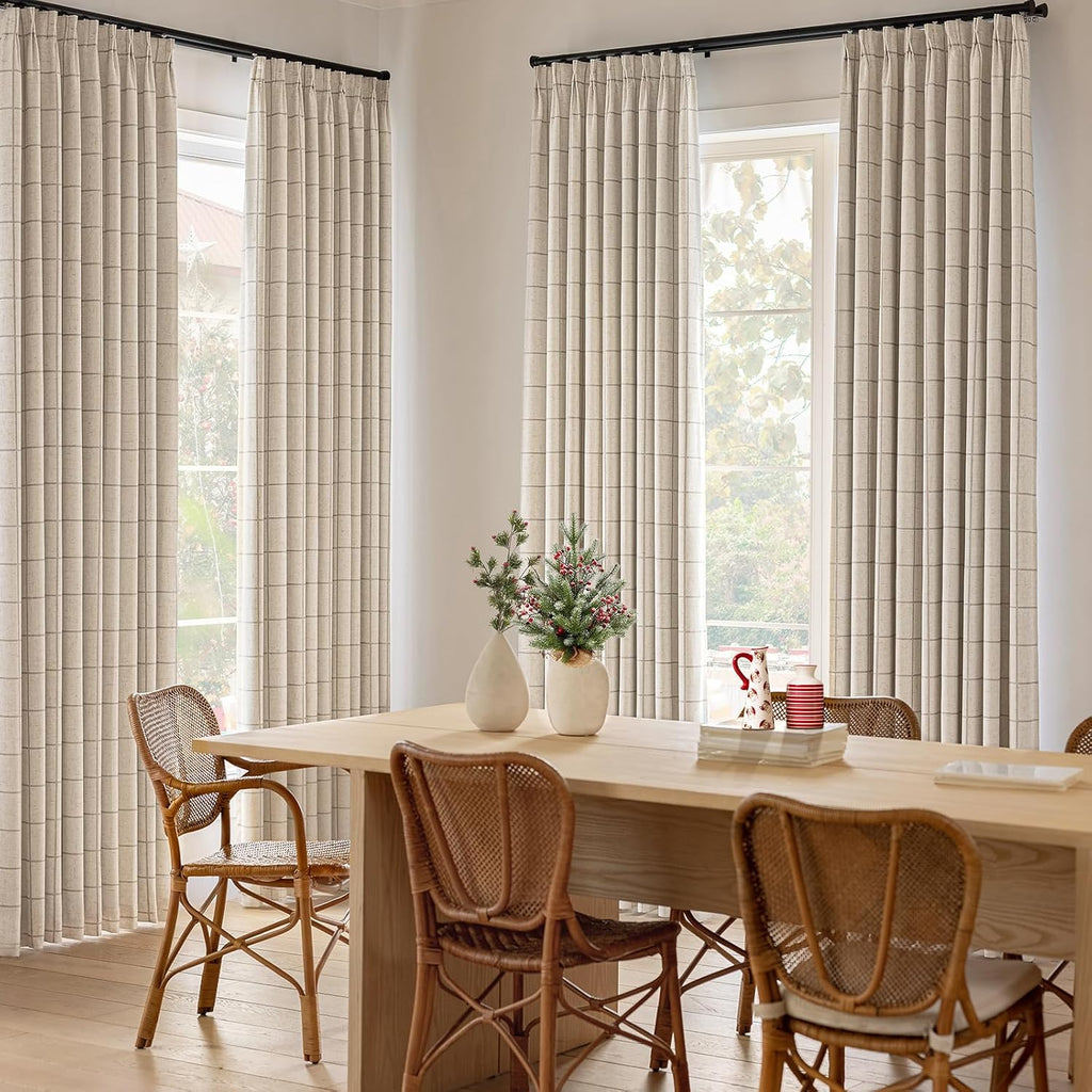 2 Panels 90 Inch Brown Plaid Pinch Pleated Linen Thermal Blackout Curtains