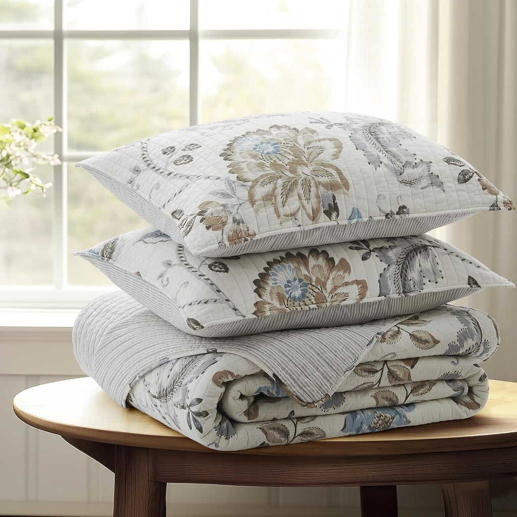 3-Piece King Cotton Reversible Floral Quilt Set Taupe Blue Cream