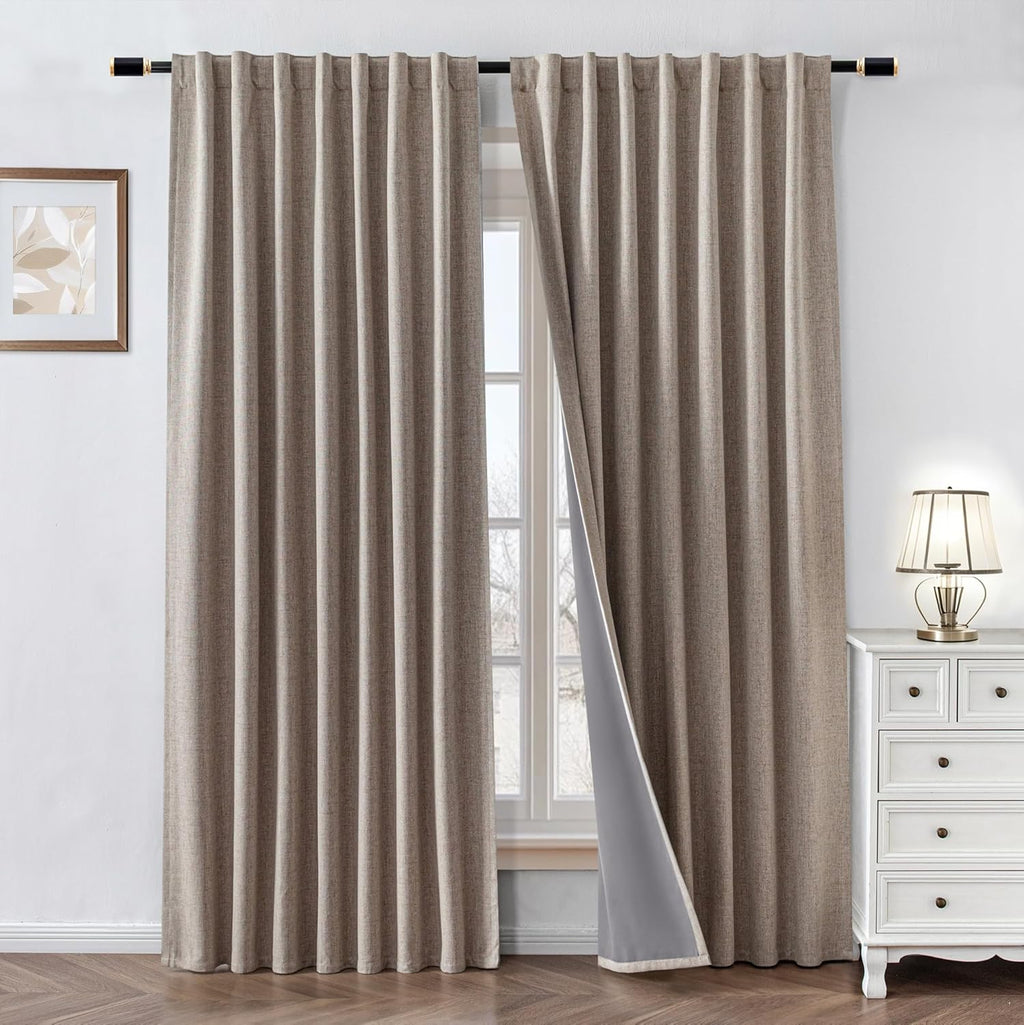 2 Panels 52x84 Inch Beige Faux Linen Thermal 100% Blackout Back Tab Rod Pocket Curtains