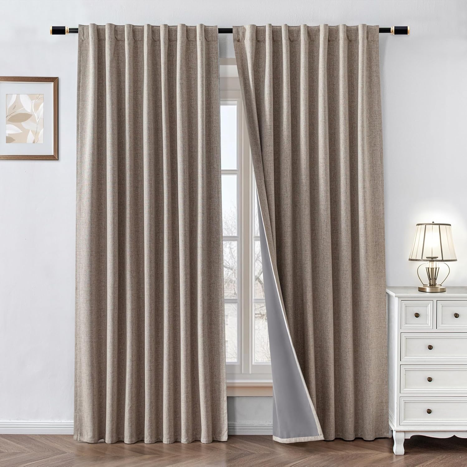 2 Panels 52x84 Inch Beige Faux Linen Thermal 100% Blackout Back Tab Rod Pocket Curtains