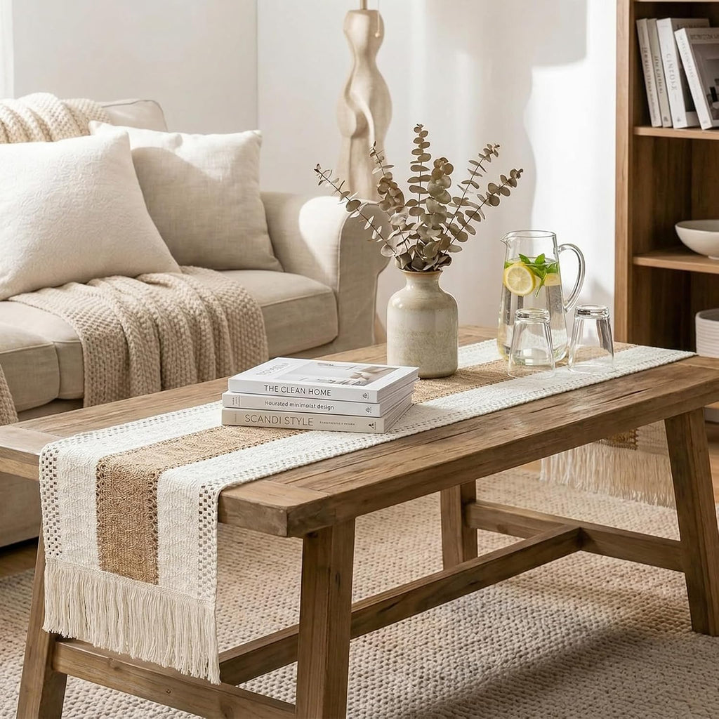 OurWarm 12x72 Inch Macrame Burlap Woven Boho Farmhouse Table Runner