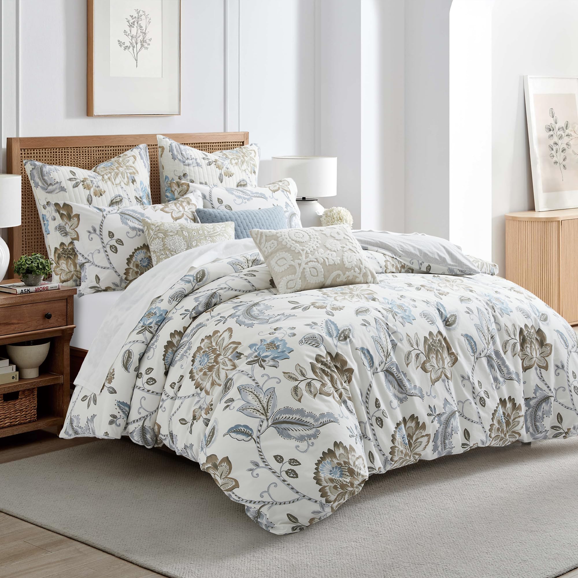 3-Piece King Cotton Reversible Floral Quilt Set Taupe Blue Cream