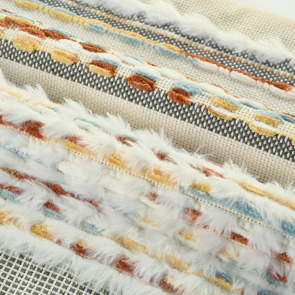 2Pcs 20x20 Rust Blue Yellow Tufted Striped Chenille Boho Farmhouse Pillow Covers