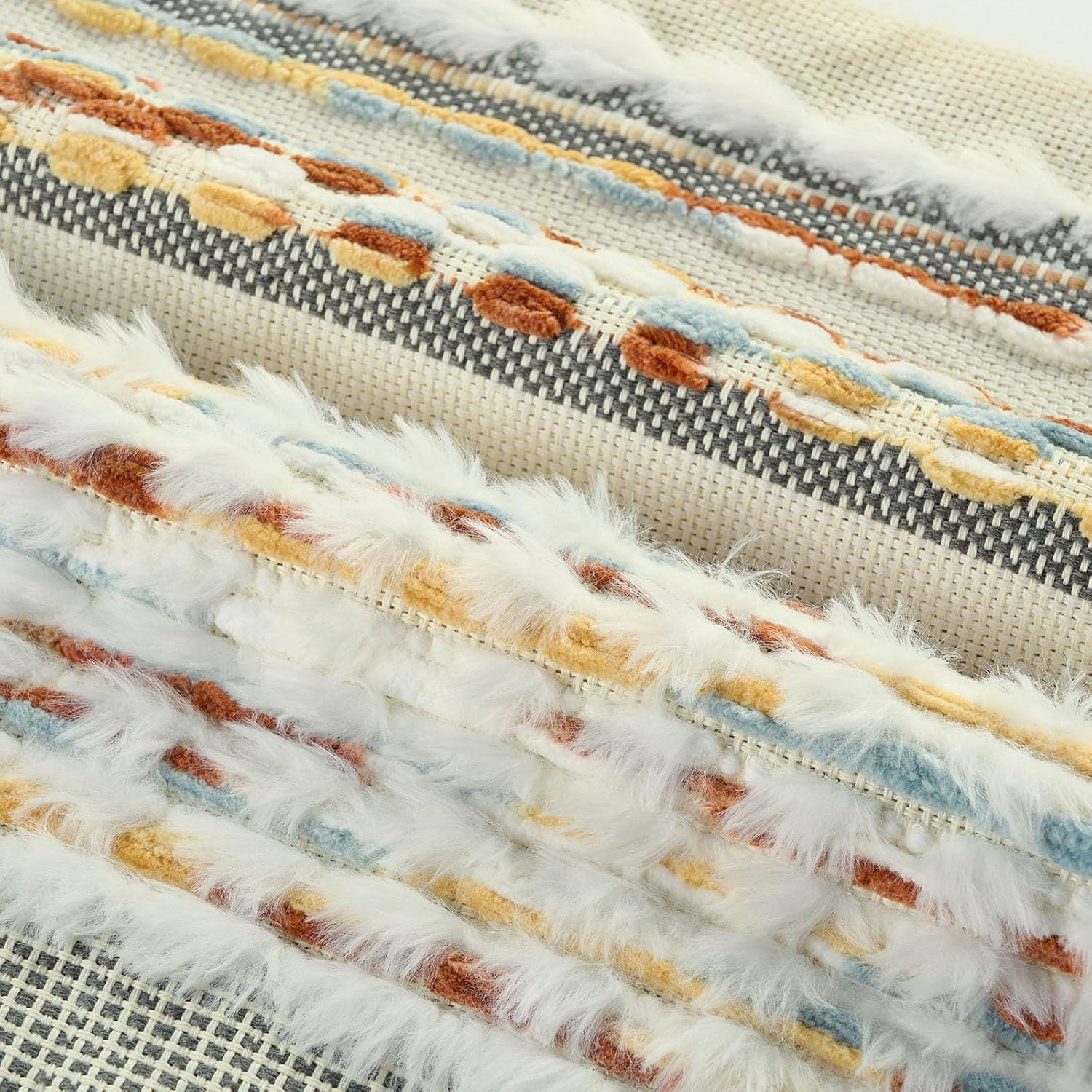 2Pcs 20x20 Rust Blue Yellow Tufted Striped Chenille Boho Farmhouse Pillow Covers