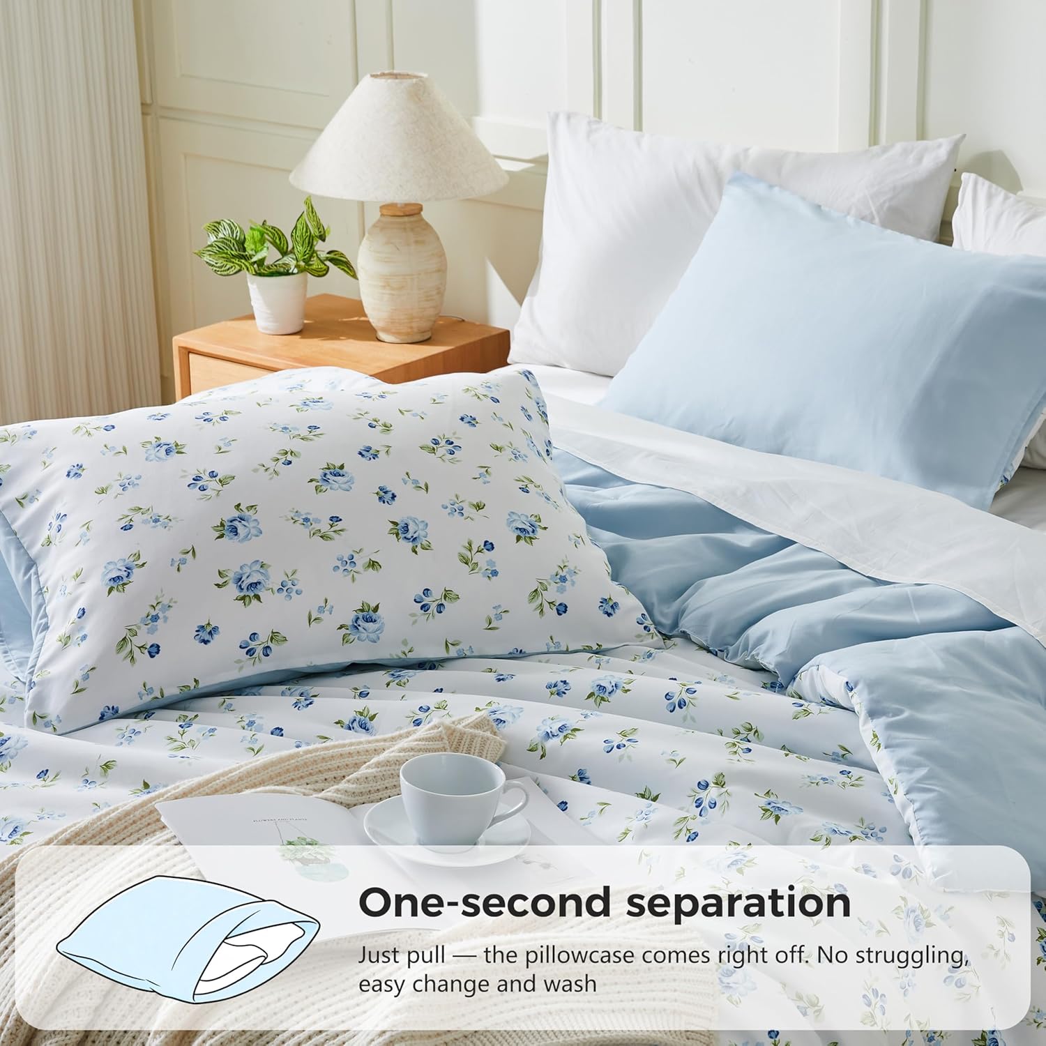 2Pcs Twin Blue Floral Shabby Chic Lightweight Comforter Bed in a Bag Set for Girls