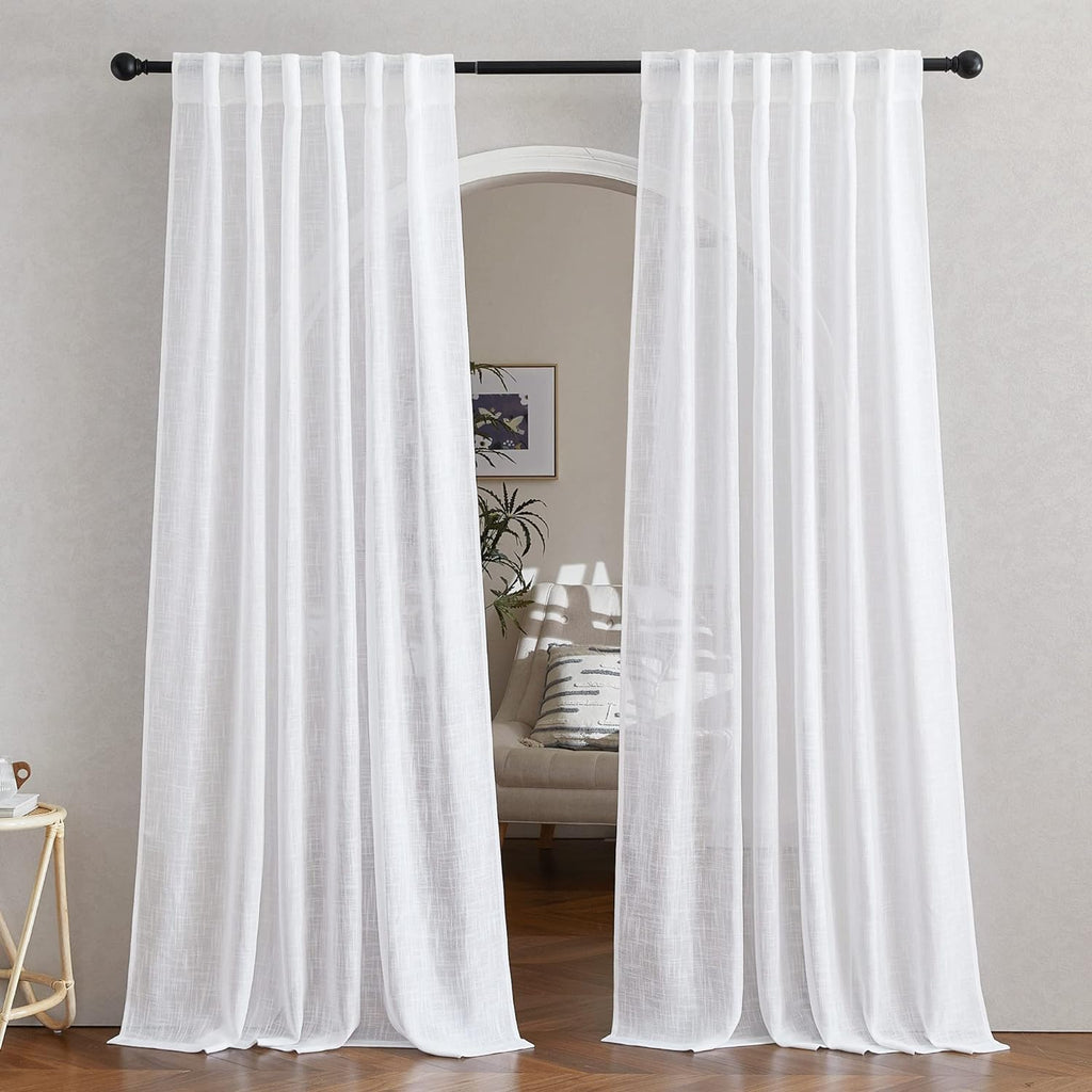 2 Panels 52x84 Inch White Linen Sheer Rod Pocket Back Tab Curtains