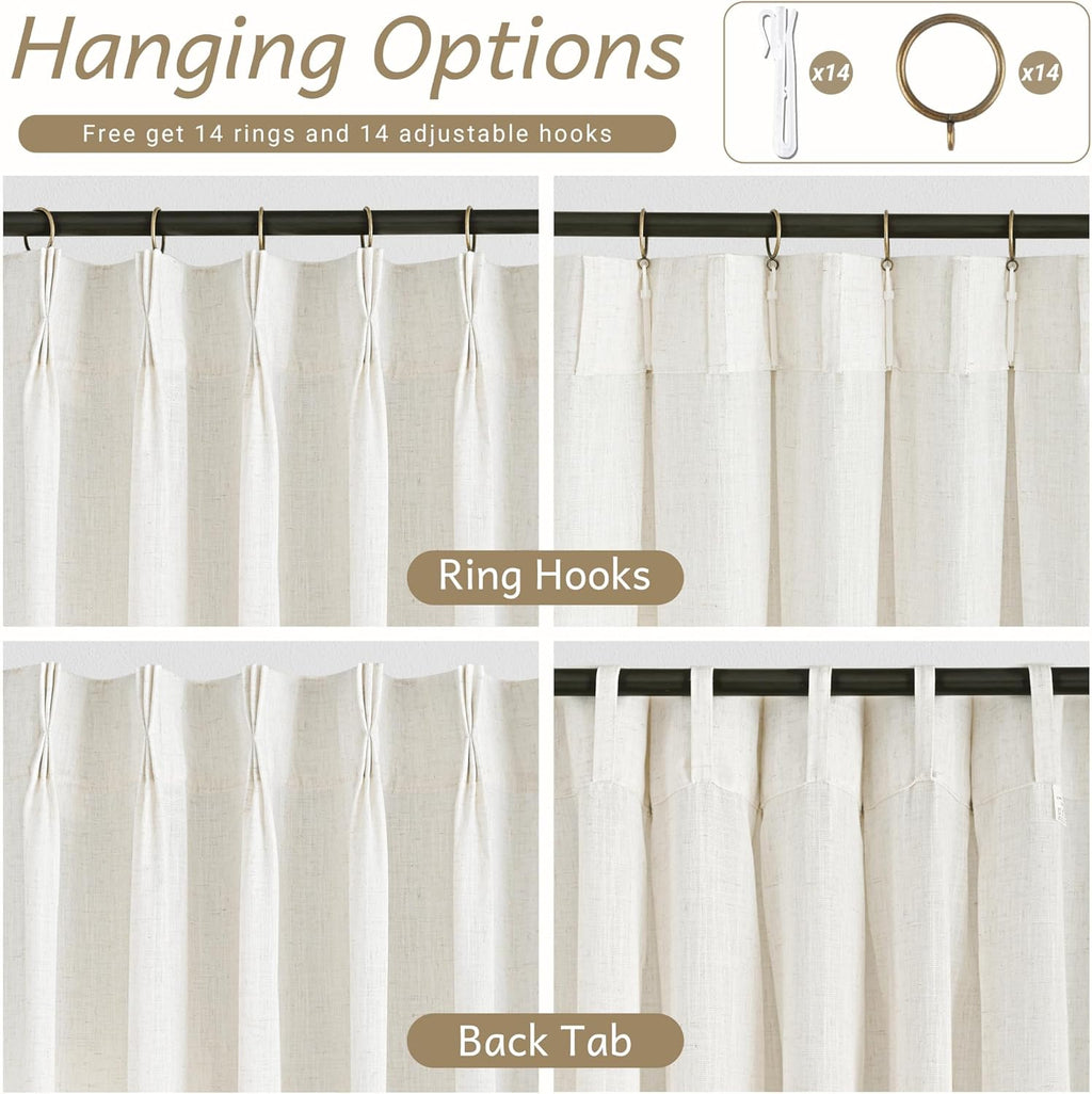 2 Panels 102 Inch Cream Pinch Pleat Linen Light Filtering Farmhouse Curtains with Hooks Rings