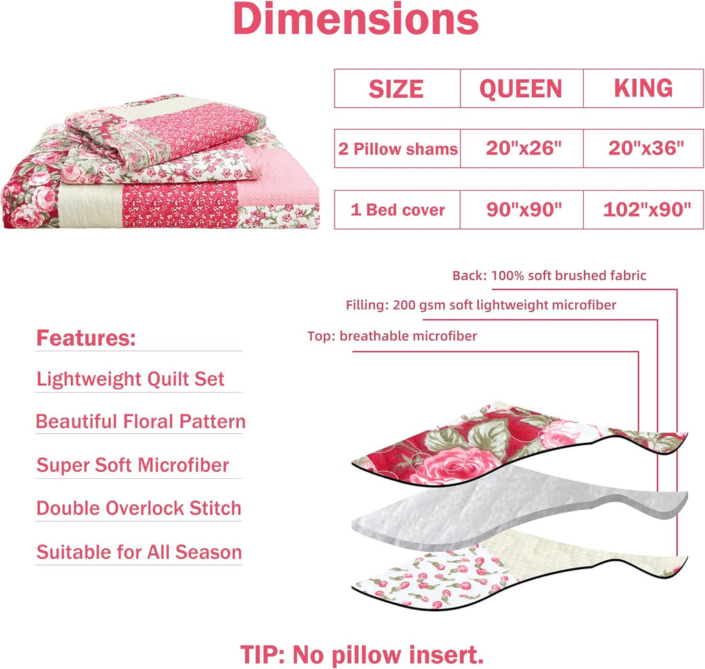 Hot Pink Rose Floral Reversible Lightweight Quilt Bedspread Set with Pillow Cases