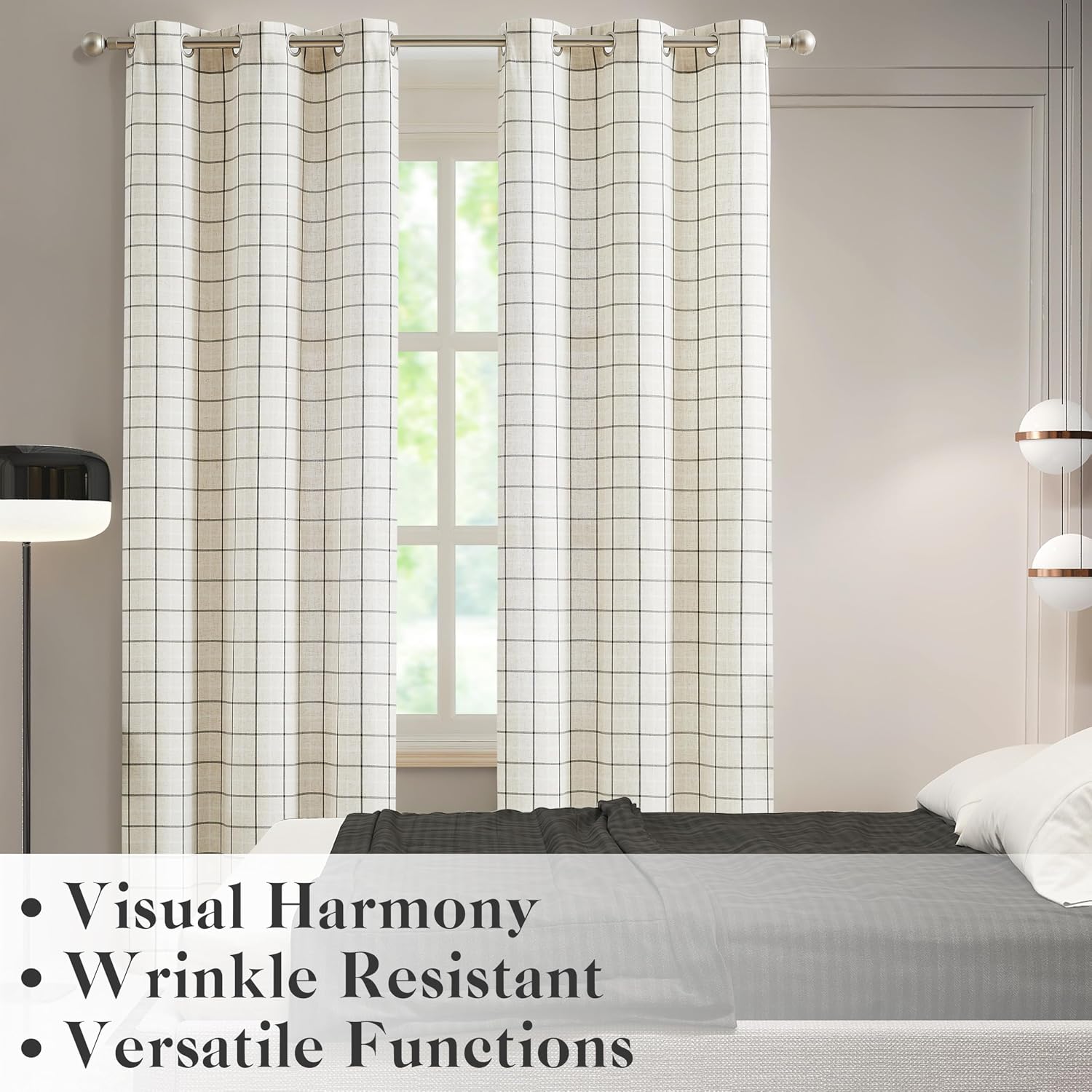 2 Panels 40x84 Inch Black White Buffalo Plaid Linen Grommet Light Filtering Farmhouse Curtains