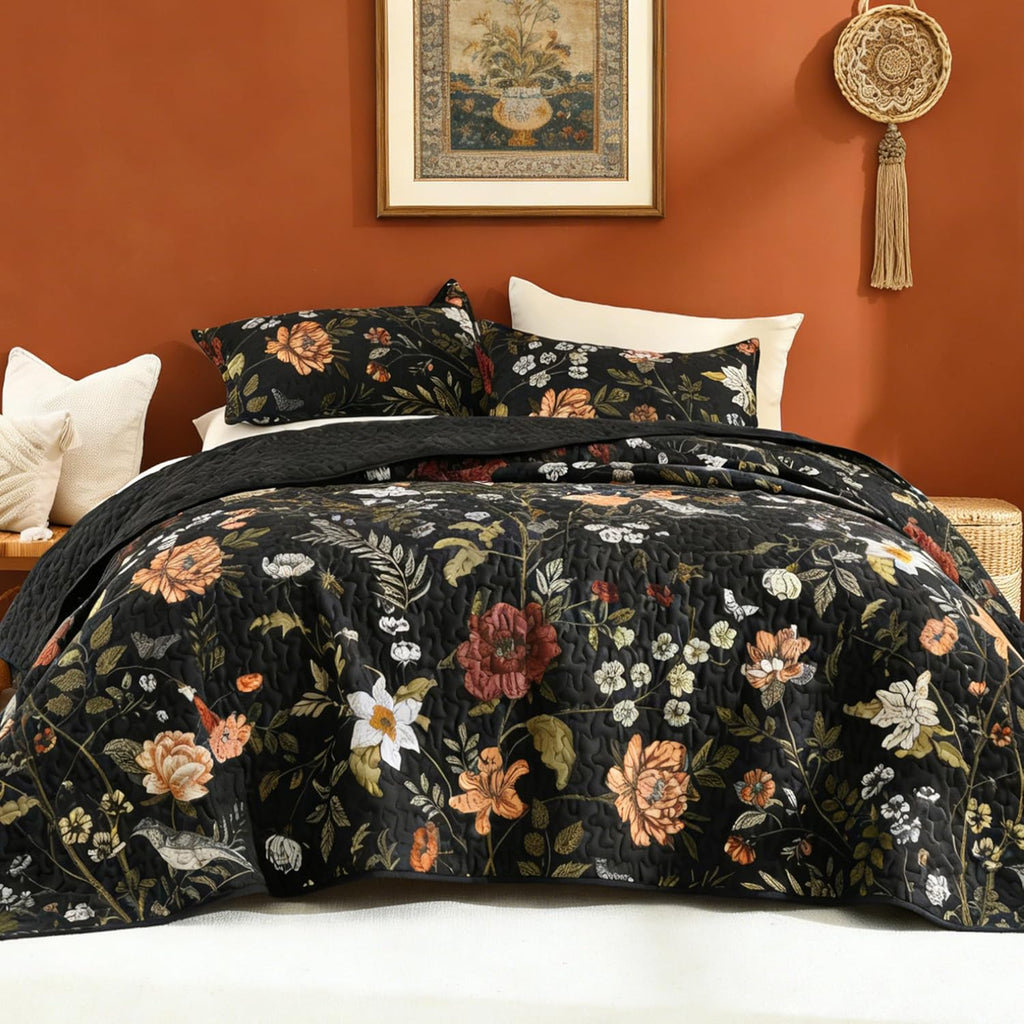 3-Piece King Black Botanical Bird Pattern Lightweight Quilt Coverlet Set