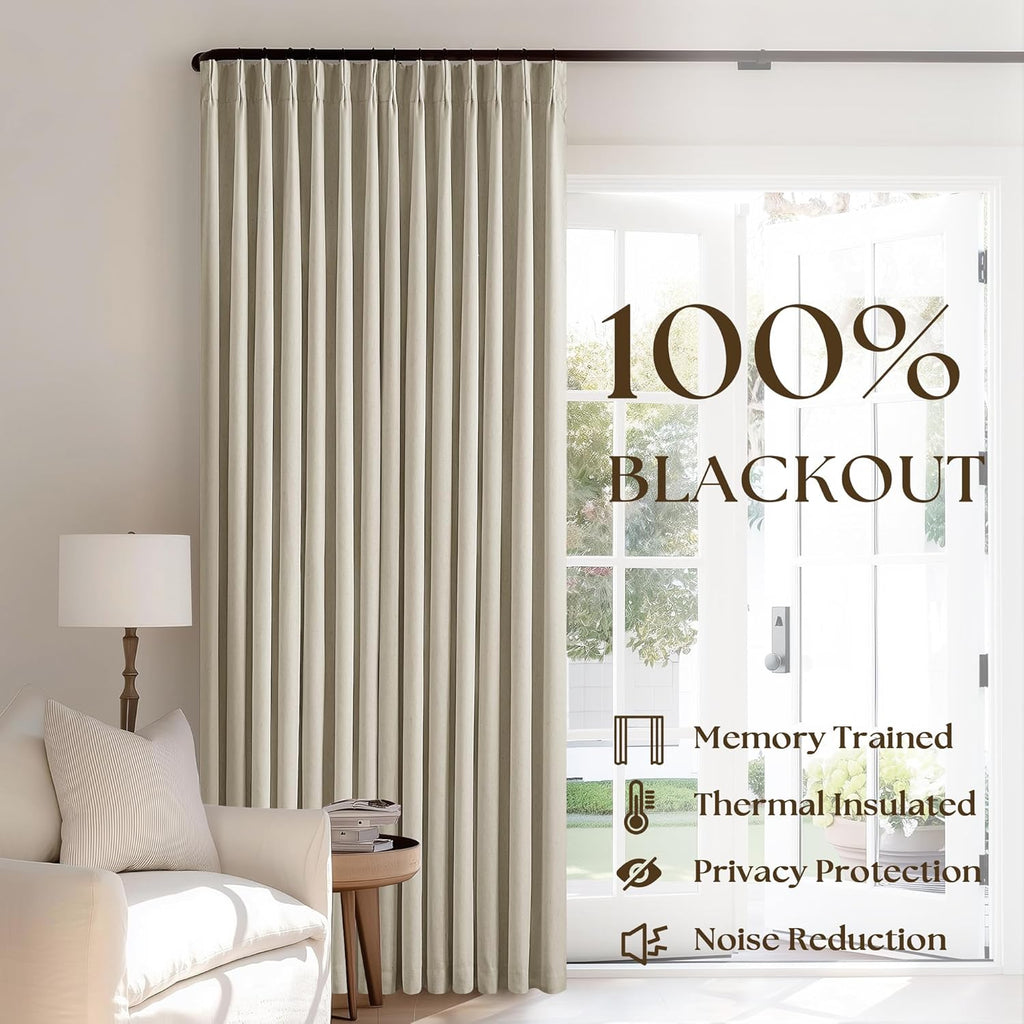 2 Panels 108 Inch Taupe Pinch Pleat Linen Blackout Farmhouse Curtains