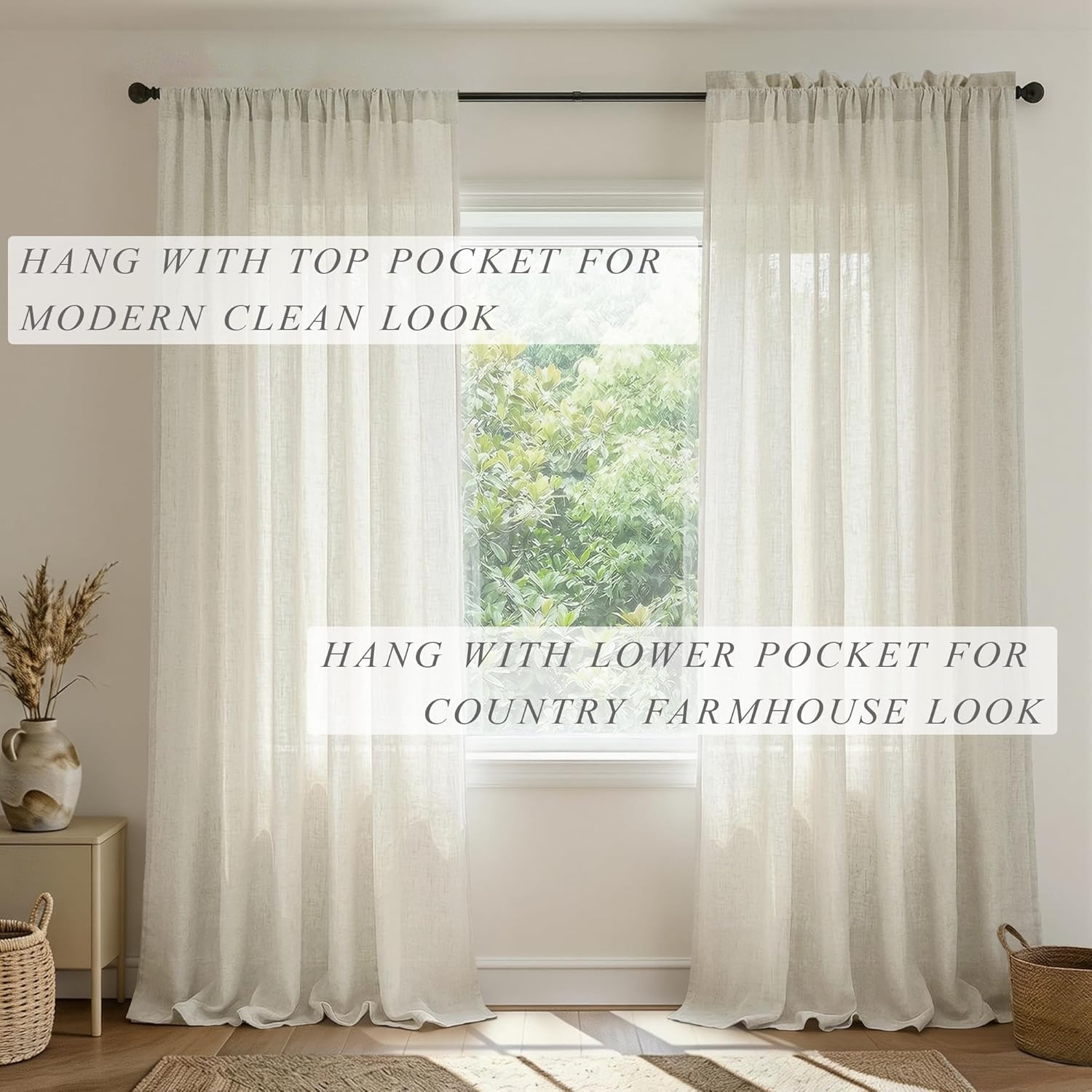 84 Inch Cream Linen Rod Pocket Light Filtering Semi Sheer Farmhouse Cottage Curtains for Living Room Bedroom