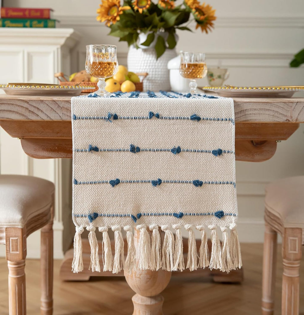 Caflife 90 Inch Blue Beige Tassel Woven Cotton Boho Farmhouse Table Runner