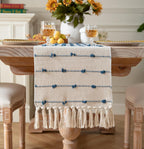 Caflife 90 Inch Blue Beige Tassel Woven Cotton Boho Farmhouse Table Runner
